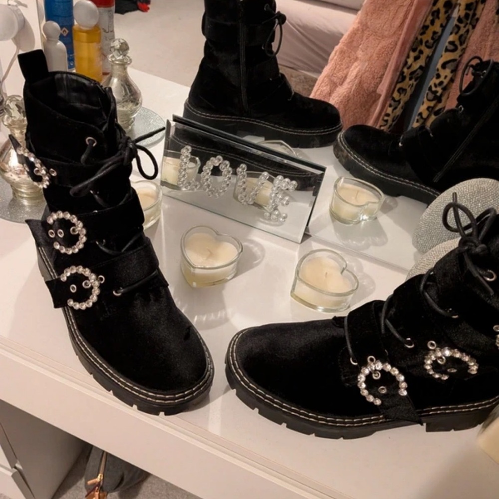 River Island Black Velvet Ankle Boots with Pearl Accents